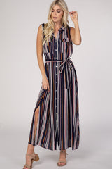 Navy Blue Striped Sleeveless Collared Button Down Maxi Dress