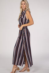 Navy Blue Striped Sleeveless Collared Button Down Maxi Dress