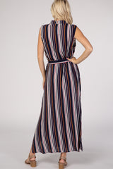 Navy Blue Striped Sleeveless Collared Button Down Maxi Dress