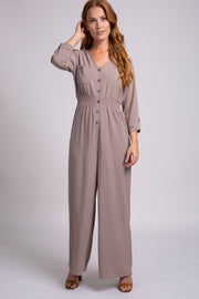 Mocha Long Sleeve Button Down Smocked Waist Jumpsuit