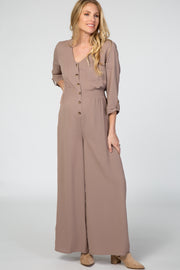 Mocha Long Sleeve Button Down Smocked Waist Maternity Jumpsuit