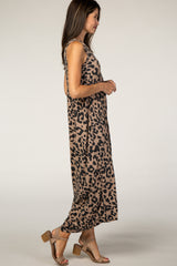 Beige Animal Print Babydoll Sleeveless Maxi Dress