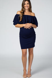 Navy Double Layer Ruffle Off Shoulder Maternity Dress