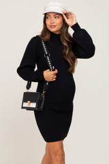 Black Mock Neck Puff Sleeve Knit Maternity Dress