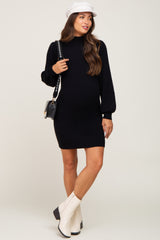 Black Mock Neck Puff Sleeve Knit Maternity Dress