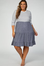 Navy Blue Striped 3/4 Sleeve Plus Midi Dress