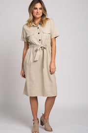 Taupe Collared Waist Tie Midi Dress