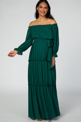 Forest Green Tiered Off Shoulder Maternity Maxi Dress