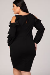 Black Ruffle Trim Puff Sleeve Plus Dress