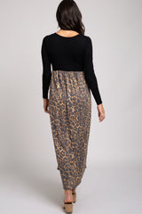 Black Long Sleeve Empire Waist Cheetah Print Maxi Dress