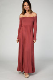 Rust Off Shoulder Long Sleeve Maxi Dress