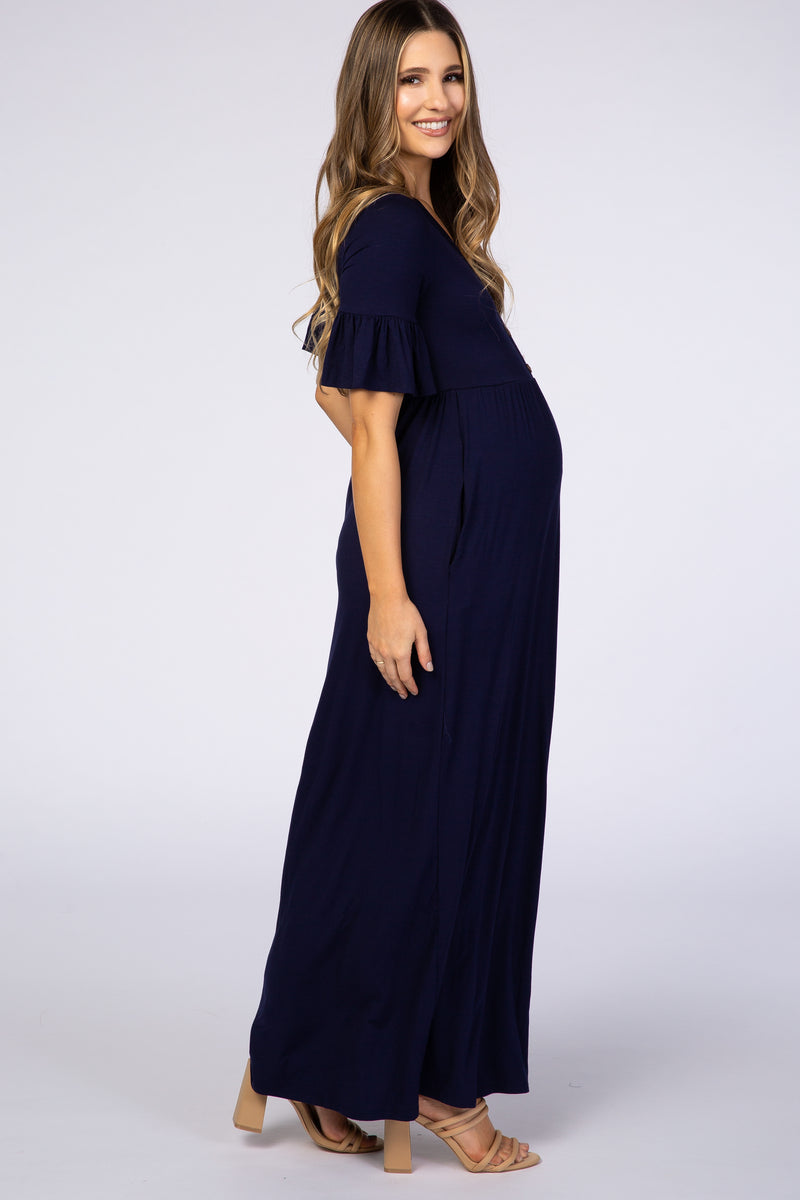 Navy Blue Button Ruffle Sleeve Maternity Maxi Dress – PinkBlush