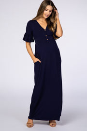 Navy Blue Button Ruffle Sleeve Maternity Maxi Dress