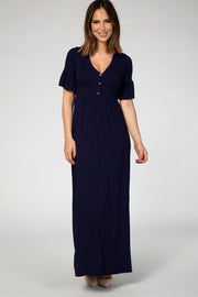 Navy Blue Button Ruffle Sleeve Maxi Dress