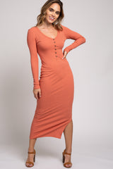 Rust Ribbed Side Slit Long Sleeve Maxi Dress