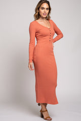 Rust Ribbed Side Slit Long Sleeve Maxi Dress