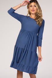 Blue Tiered Swiss Dot Maternity Midi Dress