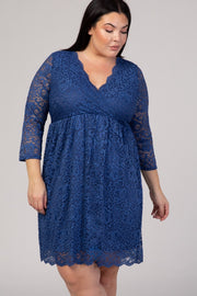 Blue Lace Overlay Plus Wrap Dress