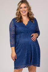 Blue Lace Overlay Plus Maternity Wrap Dress