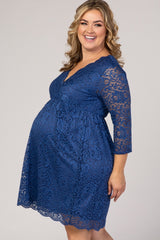 Blue Lace Overlay Plus Maternity Wrap Dress