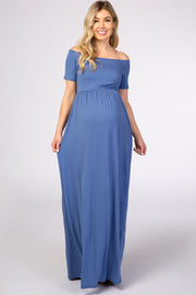 PinkBlush Light Blue Off The Shoulder Short Sleeve Maternity Maxi Dress