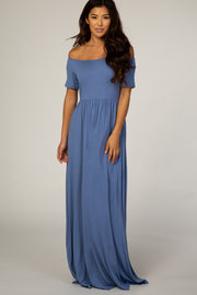 PinkBlush Light Blue Off The Shoulder Short Sleeve Maxi Dress