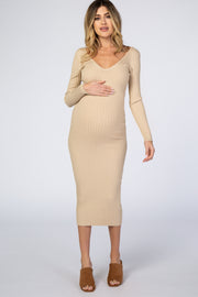 Taupe V-Neck Long Sleeve Fitted Maternity Maxi Dress