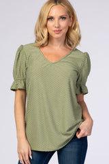 Light Olive Swiss Dot Puff Ruffle Short Sleeve Top