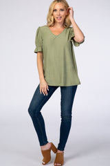 Light Olive Swiss Dot Puff Ruffle Short Sleeve Top