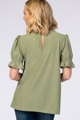 Light Olive Swiss Dot Puff Ruffle Short Sleeve Top