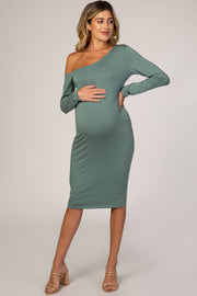 PinkBlush Dusty Green One Shoulder Fitted Midi Maternity Dress