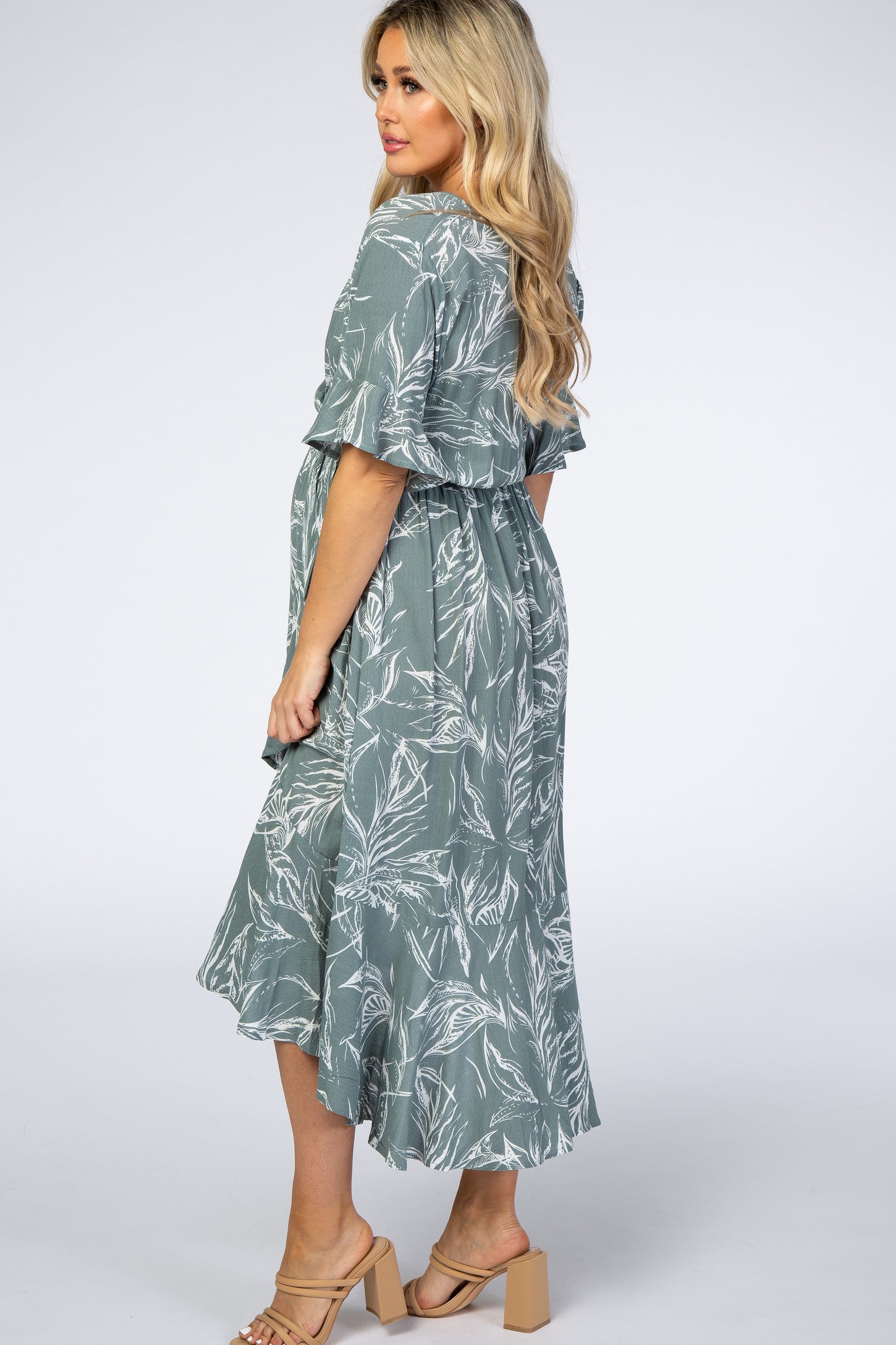 Sage Leaf Print Hi-Low Wrap Maternity Midi Dress– PinkBlush