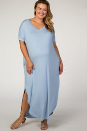 PinkBlush Light Blue V-Neck Short Sleeve Maternity Plus Maxi Dress