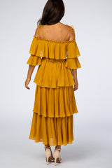 Mustard Pleated Ruffle Detail Adjustable Tie 3/4 Sleeve Maxi Dress