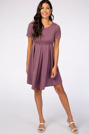 Purple Short Sleeve Front Pleat Dress