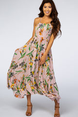 Pink Floral Ruffle Hem Maxi Dress