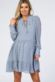 Light Blue Textured Chiffon Ruffle Hem Maternity Dress