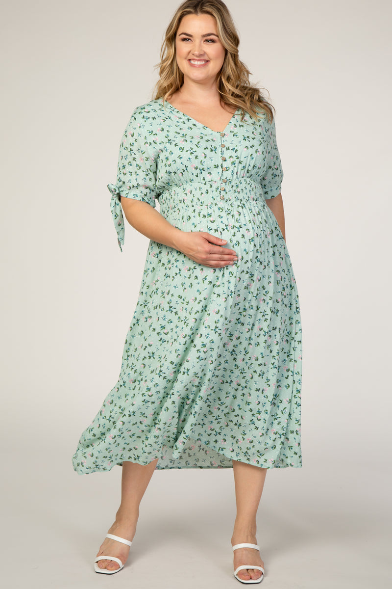 Mint Green Floral Tie Sleeve Maternity Plus Midi Dress – PinkBlush