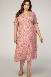 Pink Floral Tie Sleeve Maternity Plus Midi Dress