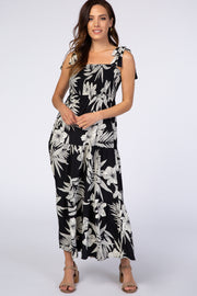 Black Palm Leaf Print Square Neckline Tie Strap Midi Dress