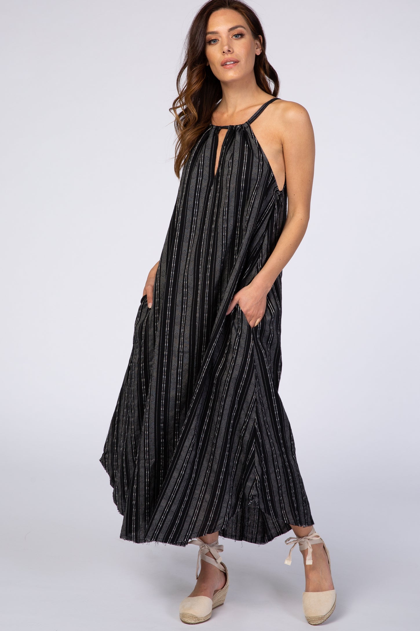 Black Vertical Striped Sleeveless High Neck Maternity Maxi Dress– PinkBlush