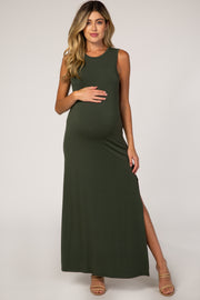 Olive Side Slit Maternity Maxi Dress