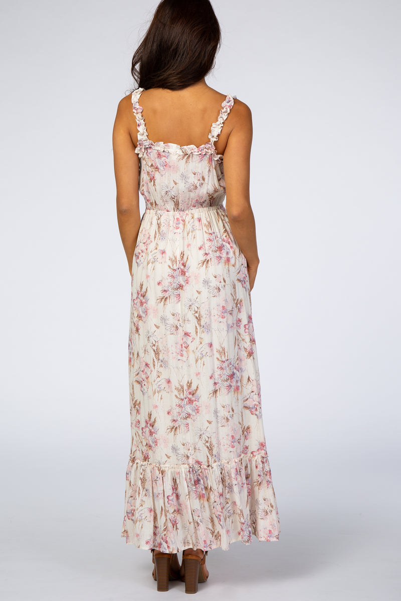 Cream Floral Shimmer Lace-Up Maxi Dress– PinkBlush