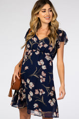 Navy Floral Ruffle Sleeve Chiffon Maternity Dress