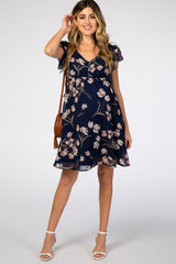 Navy Floral Ruffle Sleeve Chiffon Maternity Dress