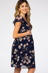 Navy Floral Ruffle Sleeve Chiffon Maternity Dress