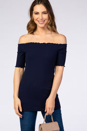 Navy Off Shoulder Lettuce Hem Top