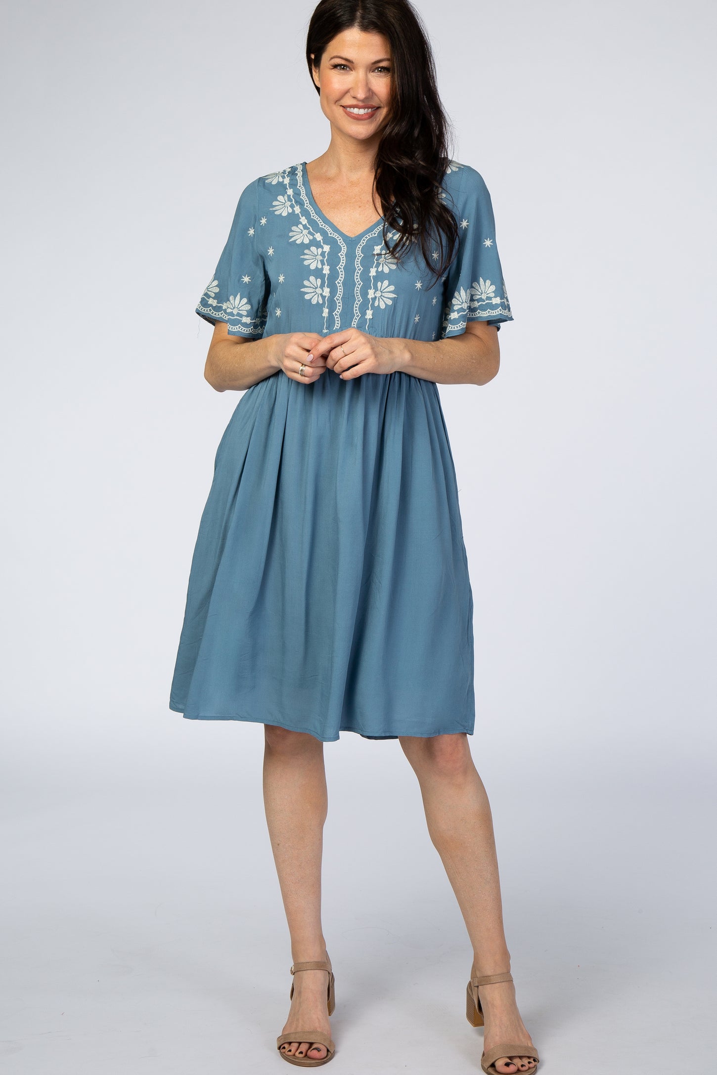 Blue Embroidered Maternity Midi Dress– PinkBlush