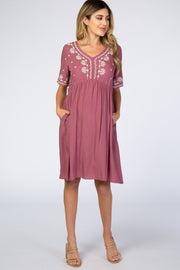 Mauve Embroidered Maternity Midi Dress