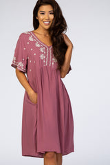 Mauve Embroidered Midi Dress